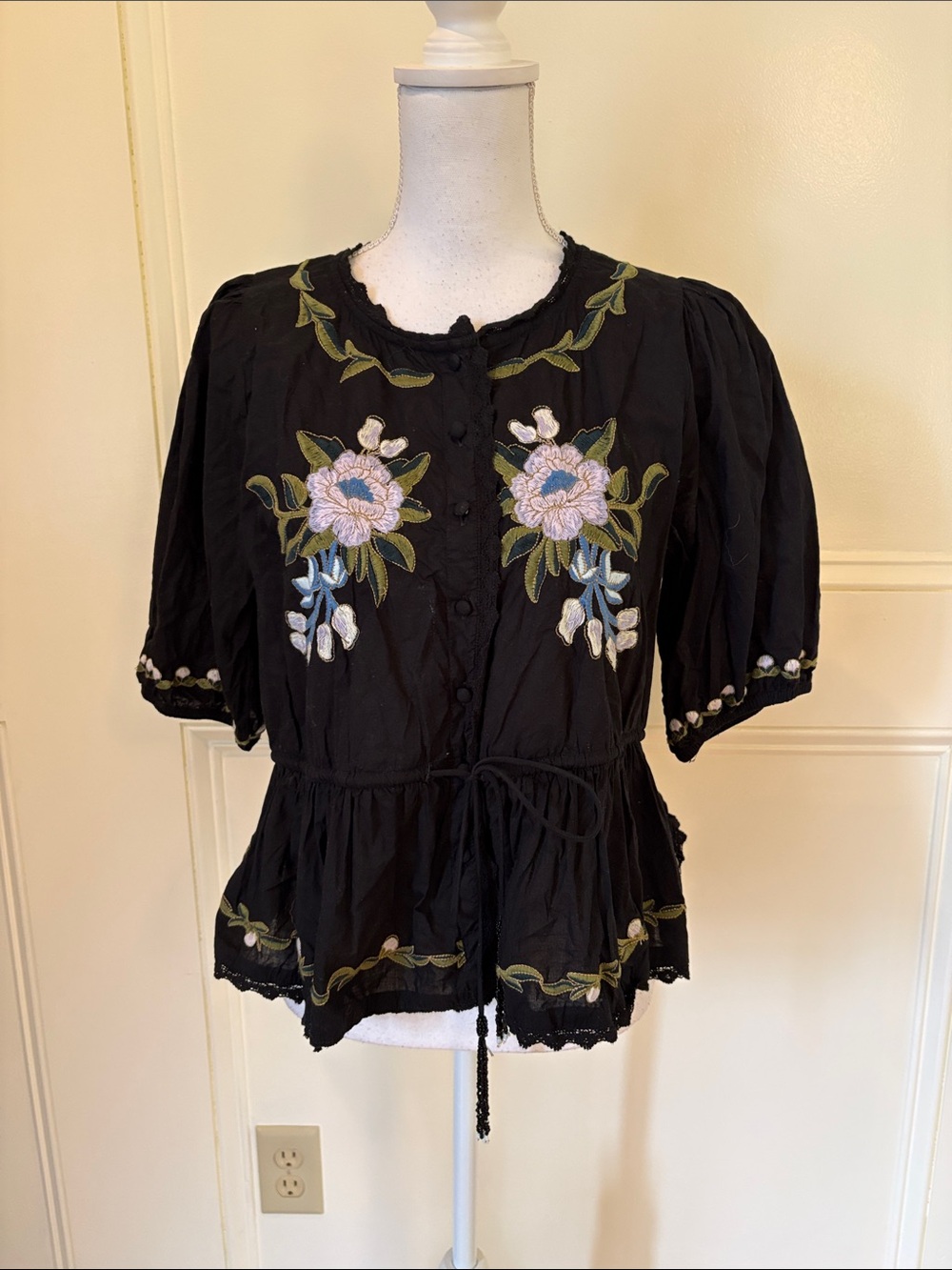 Black Floral Cotton Embroidered Peplum Blouse
